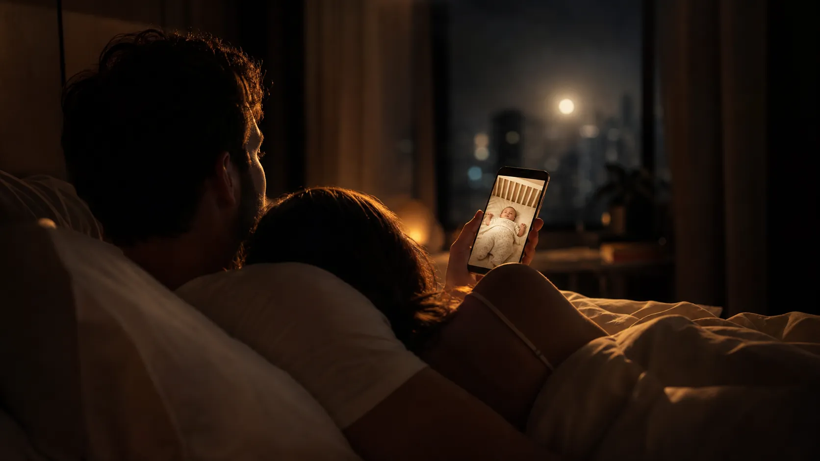 Pareja viendo al bebé desde la cama de noche