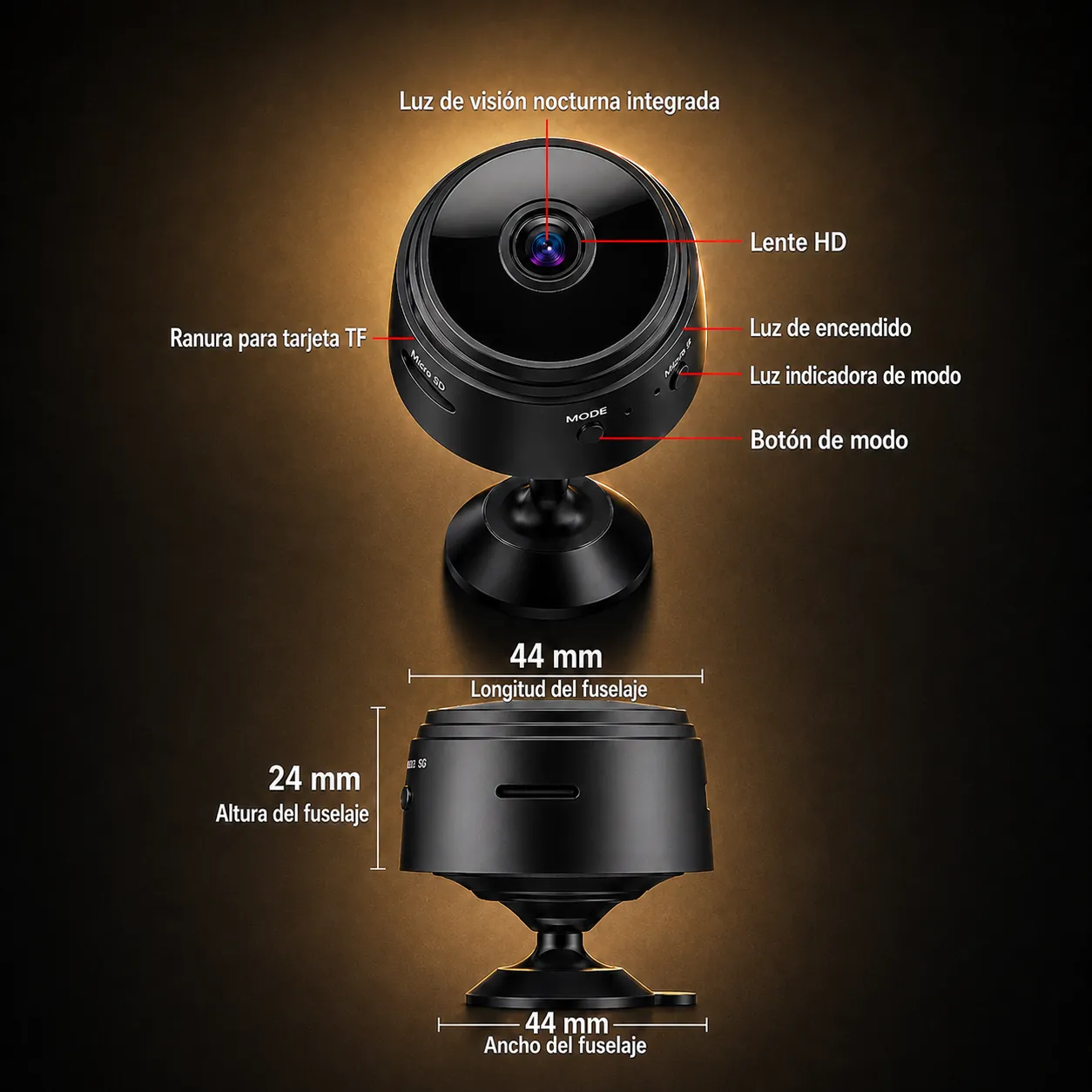 Parámetros del producto: lente HD, ranura TF, dimensiones 44×24mm